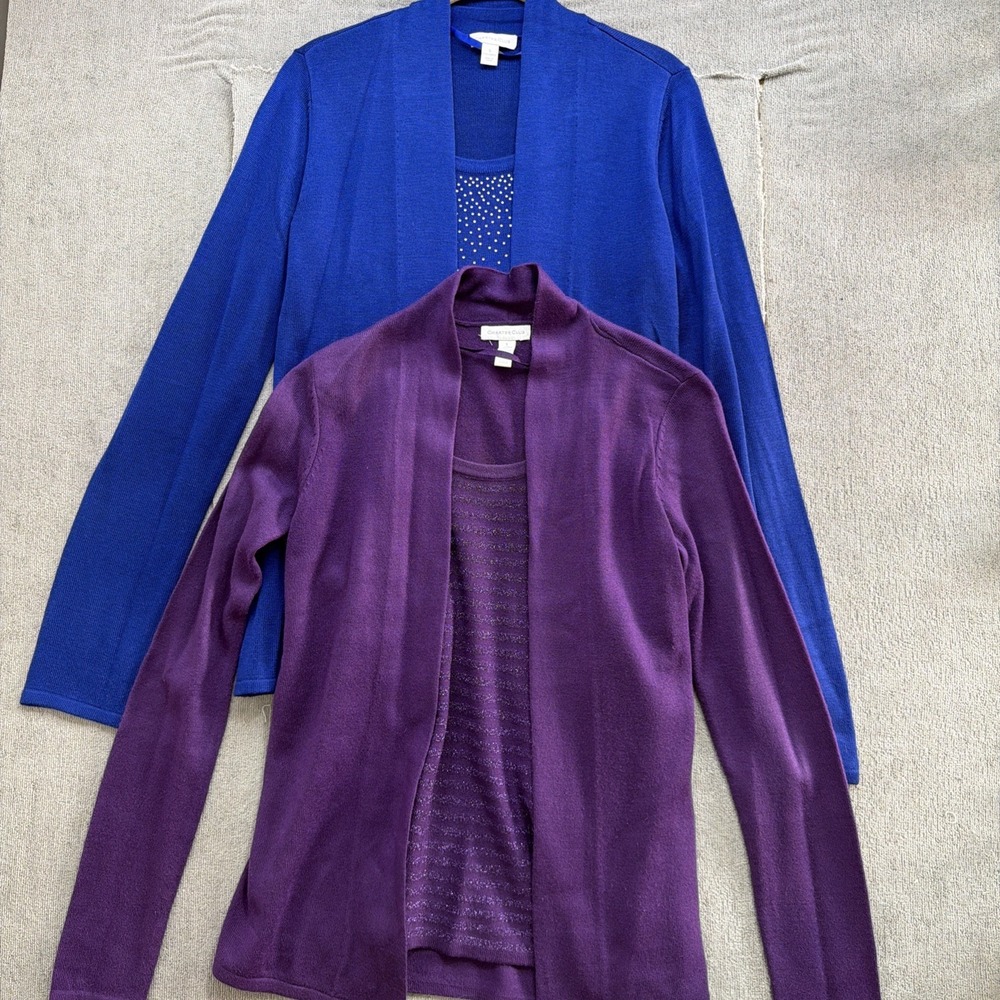 Charter Club Sweater Set Lot Women's S Blue Purple Cardigan Shell Twinset 2Pc
